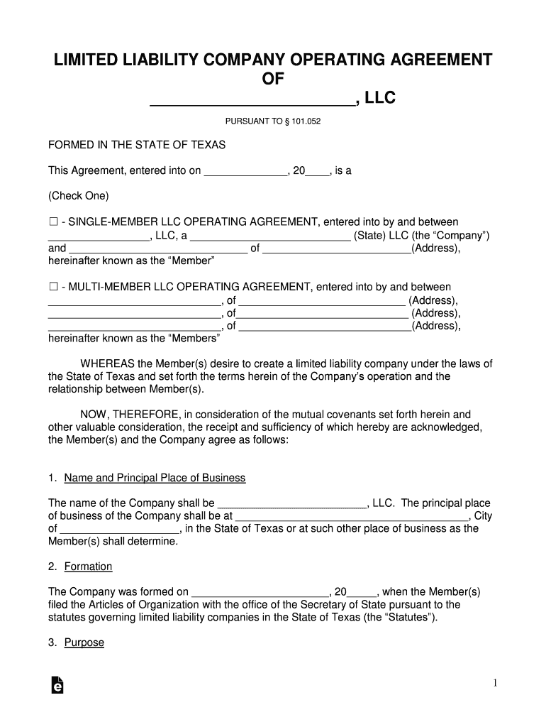 Texas LLC Operating Agreement Template Fill and Sign Printable