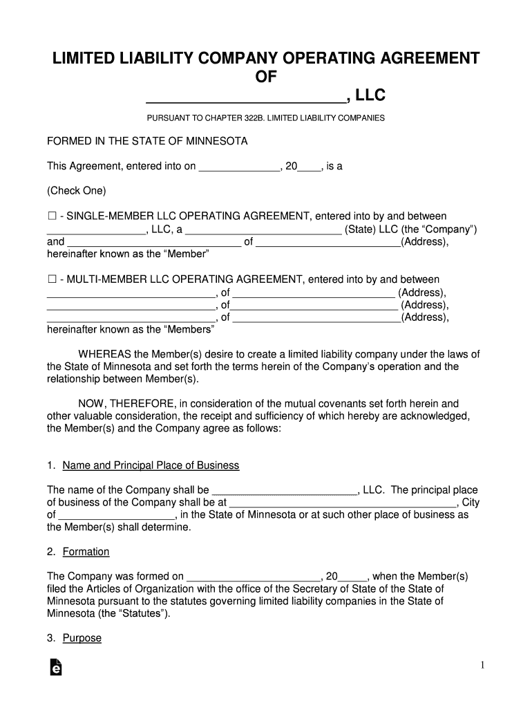 Minnesota LLC Operating Agreement Template Preview on Page 1