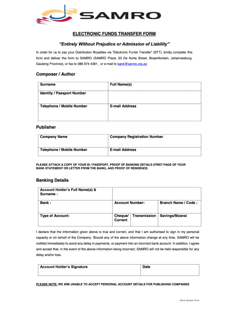 ZA SAMRO Electronic Funds Transfer Form Preview on Page 1