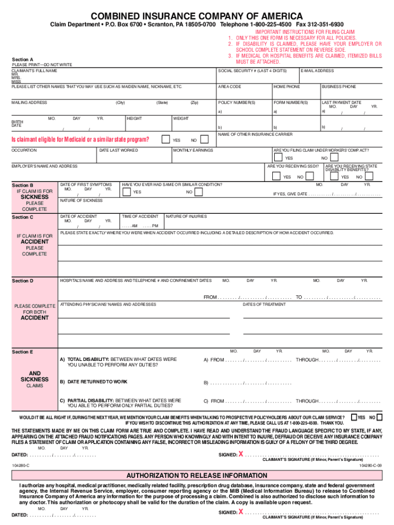 Combined insurance claim forms printable Fill out & sign online DocHub