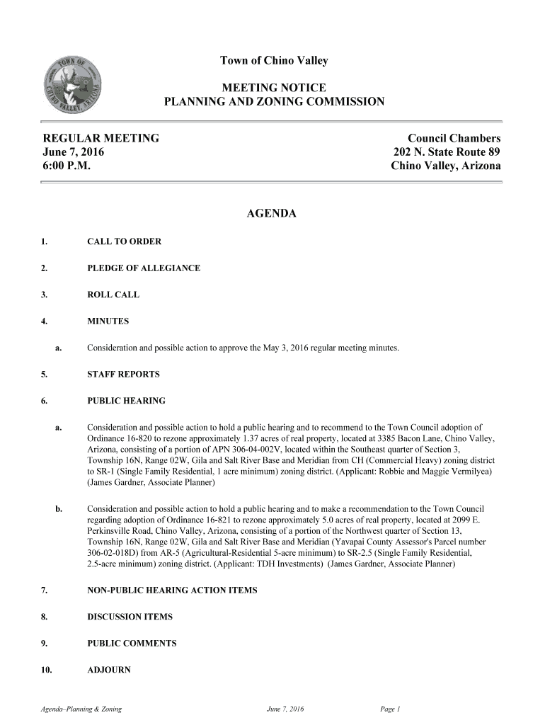 Fillable Online Town of Chino Valley PLANNING AND ZONING COMMISSION