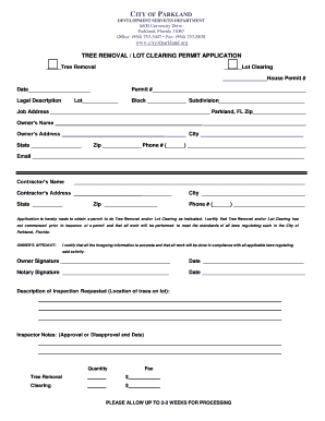 tree removal / lot clearing permit application city of parkland