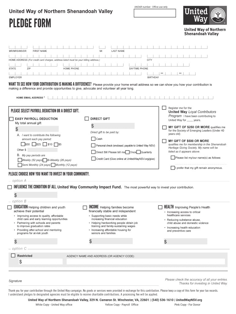 United Way of Northern Shenandoah Valley PLEDGE FORM Preview on Page 1