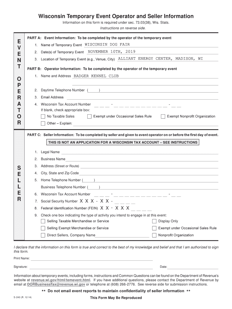 Fillable Online 2014 2019 Form Wi Dor S 240 Fill Online Printable