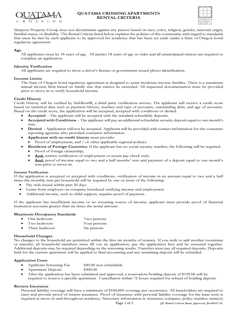 Fillable Online quatama crossing apartments rental criteria Simpson