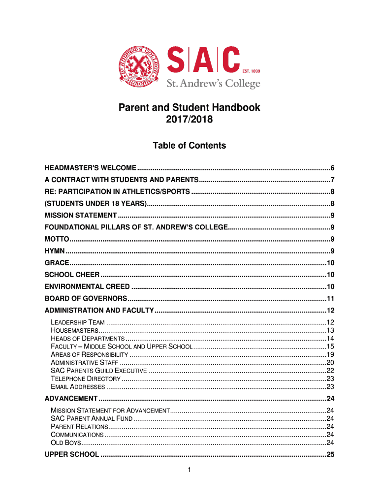 Fillable Online Parent & Student Handbook 2017 2018 by St. Andrew's