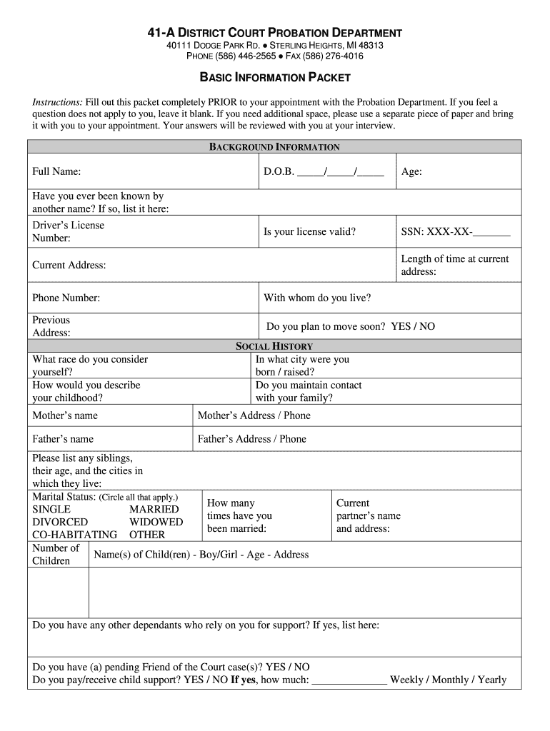 Fillable Online 41A DISTRICT COURT PROBATION DEPARTMENT 40111 DODGE Fax Email Print pdfFiller