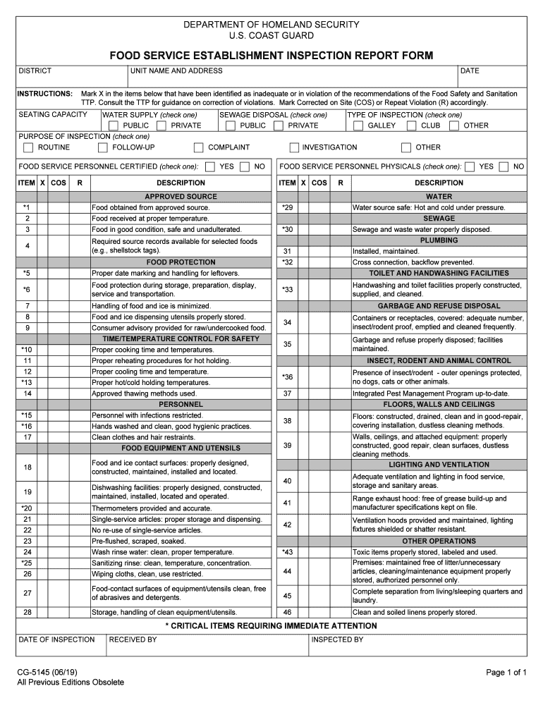 Fillable Online CG5145. Food Service Establishment Inspection Report