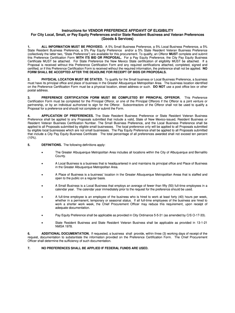 Vendor Preference Affidavit of Eligibility - City of Albuquerque Preview on Page 1