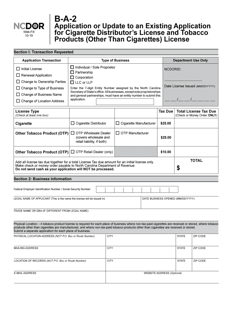 North Carolina Tobacco License Application - Blank Fillable Template | Fill  Out, Print & Download PDF