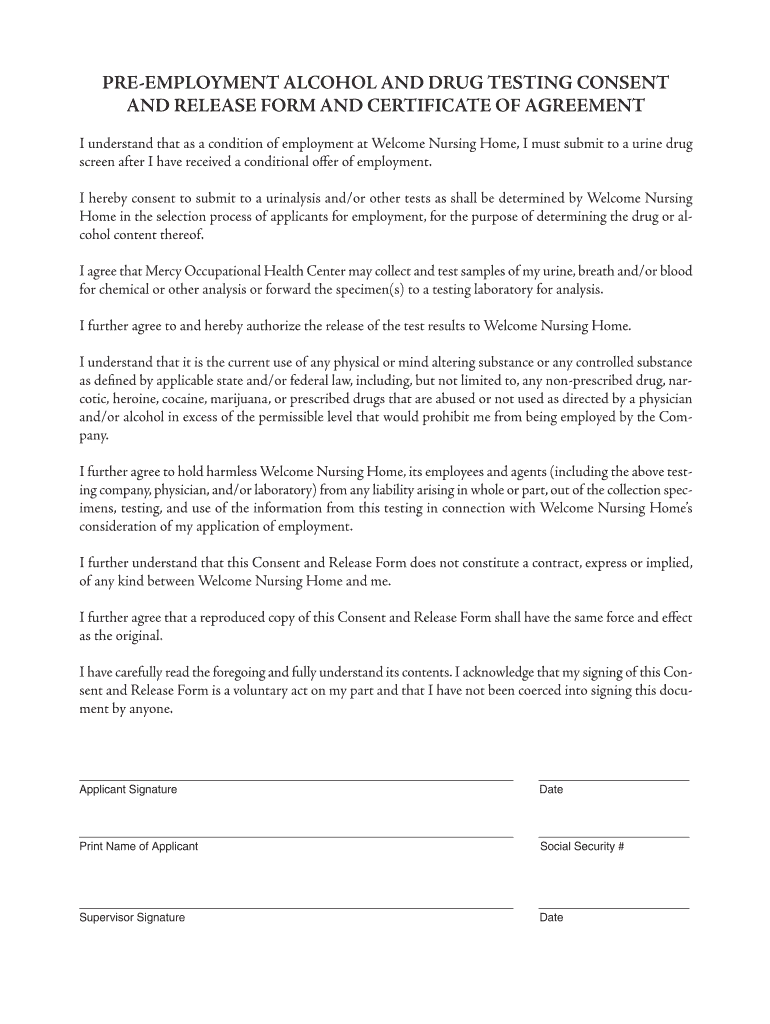 Pre-Employment Consent and Release Form for Drug and Preview on Page 1