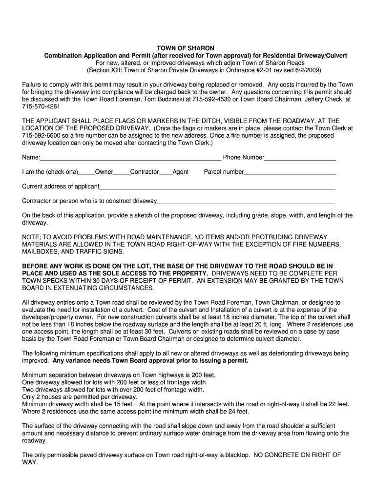 Fillable Online Building / Driveway Permits Town of Sharon, Portage