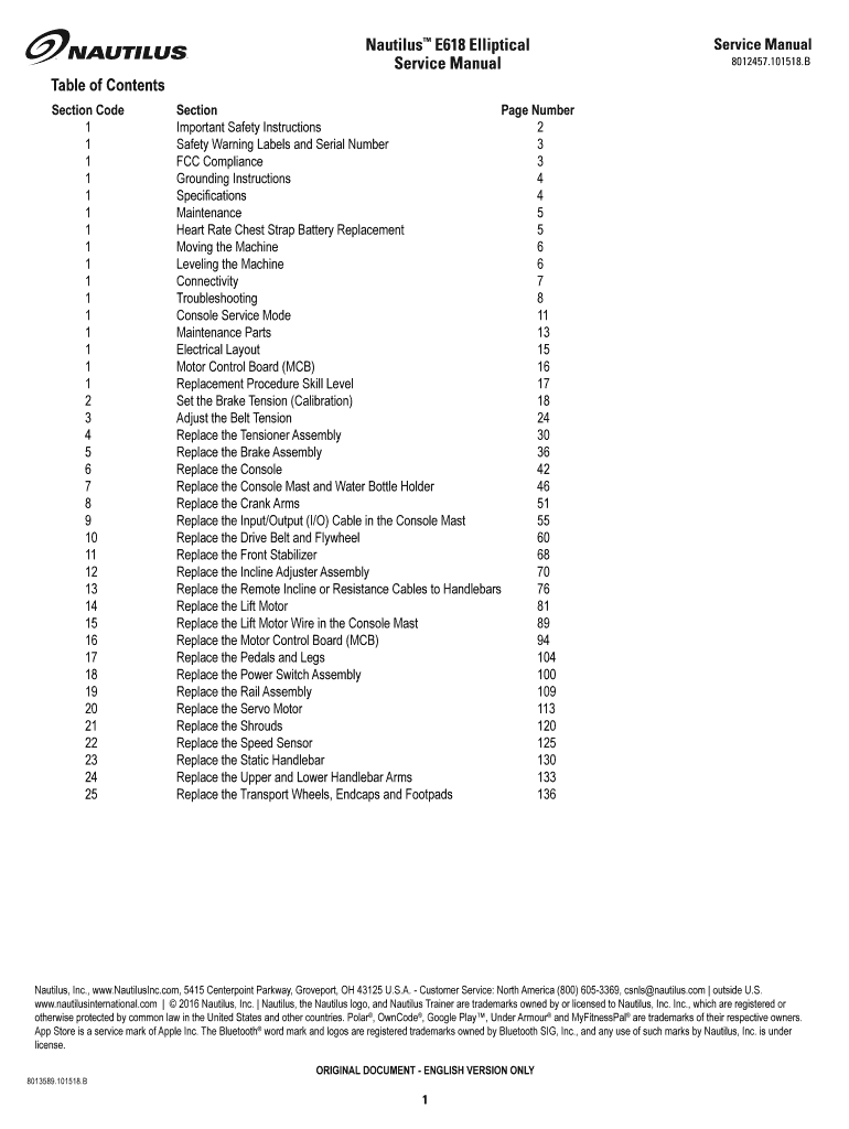 Fillable Online Table of Contents Nautilus E618 Elliptical Service
