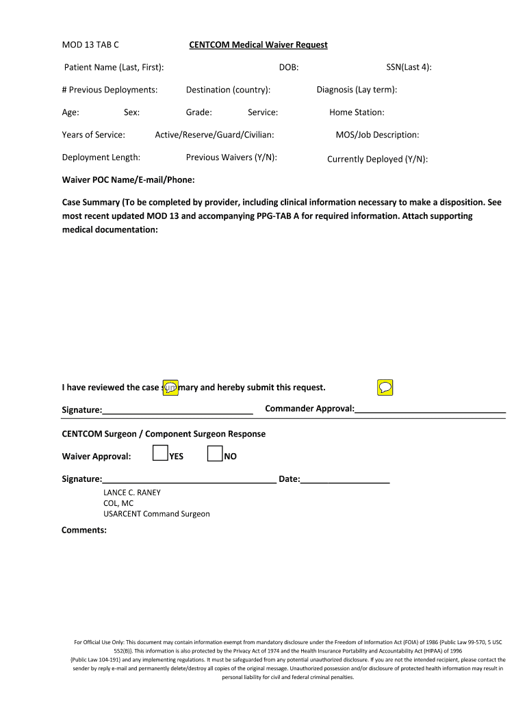 Fillable Online MOD 13 TAB C CENTCOM Medical Waiver Request Preview on Page 1