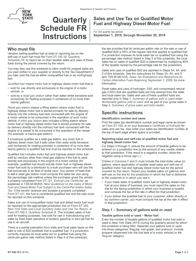 Form ST-100.10-I:9/19:Quarterly Schedule FR Instructions - Sales and Use Tax on Quailifed Motor Fuel and Diesel Motor Fuel:st10010I Preview on Page 1.