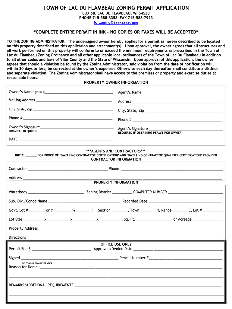 Fillable Online TOWN OF LAC DU FLAMBEAU ZONING PERMIT APPLICATION Fax