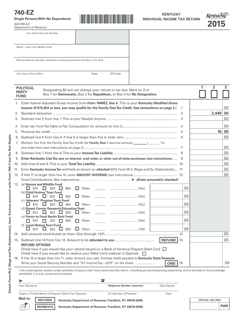 Fillable Online 740-EZ KENTUCKY INDIVIDUAL INCOME TAX RETURN For Single ...