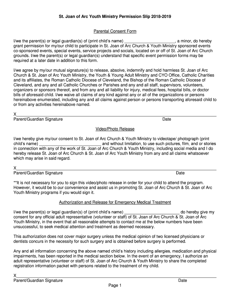 St Joan of Arc Youth Ministry Permission Slip 2018-2019 Preview on Page 1