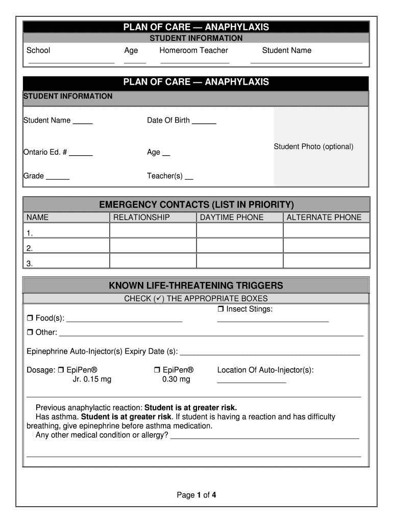 PLAN OF CAREANAPHYLAXIS PLAN OF CARE - DSBN Preview on Page 1