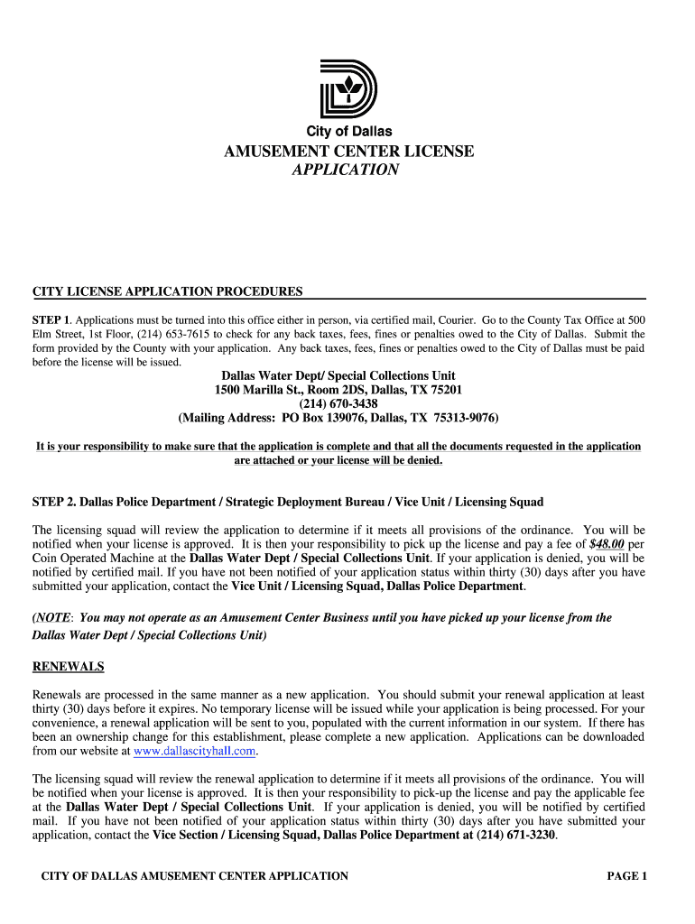 Fillable Online amusement center license application City of Dallas