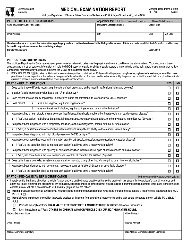 DES-N05 Medical Examination Report Driver Education Preview on Page 1