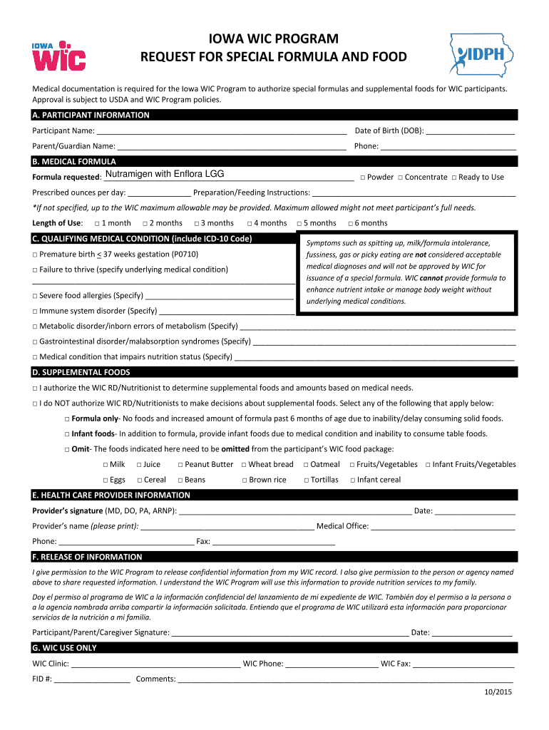 Fillable Online iowa wic program request for special formula and food