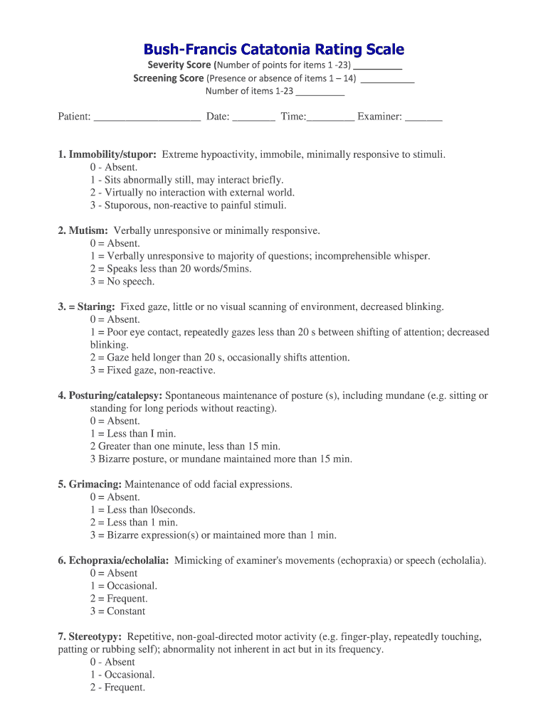 Bush Form Bush-Francis Catatonia Rating Scale - Blank Fillable Template | Fill ...