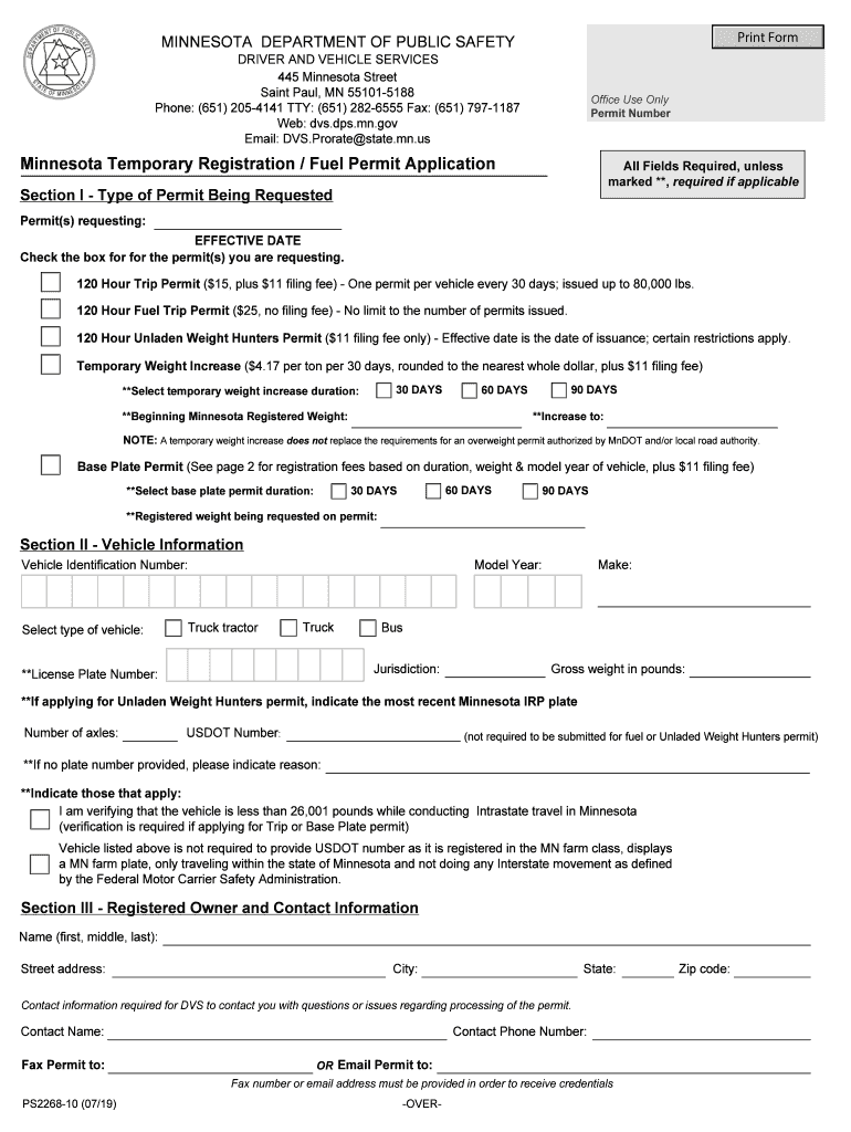 Minnesota Temporary Registration Fuel Permit Application Preview on Page 1