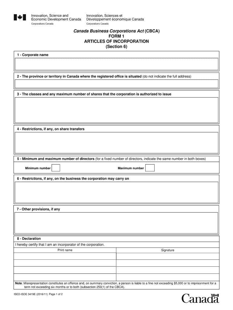 ISED-ISDE 3419E - Articles of Incorporation Form 1 - Articles of Incorporation Preview on Page 1