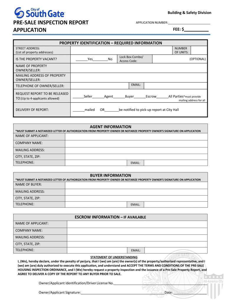 Fillable Online PRESALE INSPECTION REPORT Fax Email Print pdfFiller