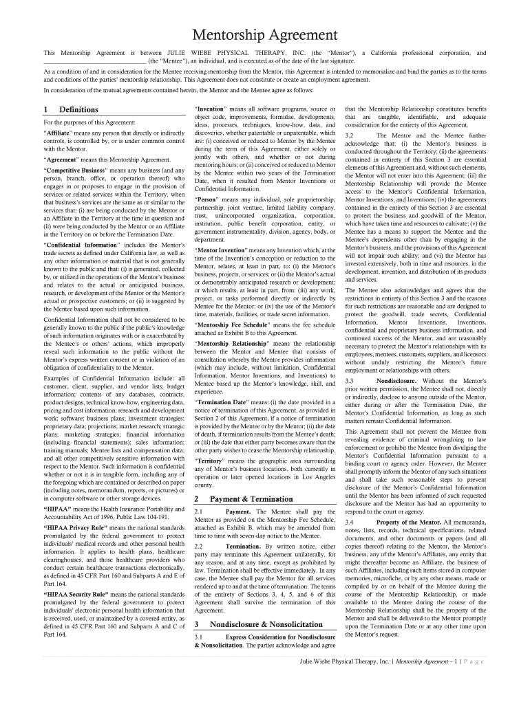 Fillable Online MENTORING AGREEMENT PURPOSE As a mentee, I agree to do ...