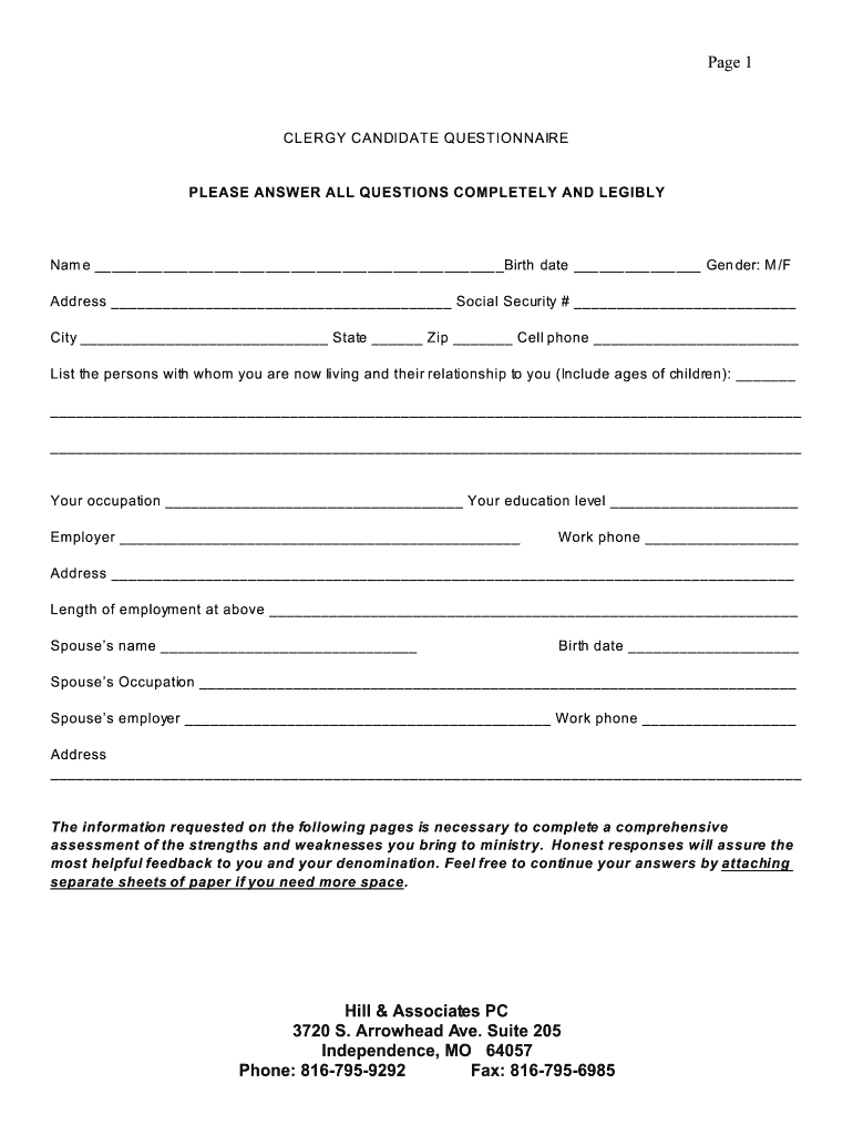 Fillable Online CLERGY CANDIDATE QUESTIONNAIRE Fax Email Print - pdfFiller