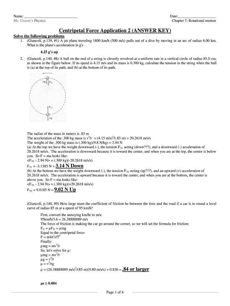 Fillable Online Centripetal Force Application 2 (ANSWER KEY) Croom Fax Email Print pdfFiller