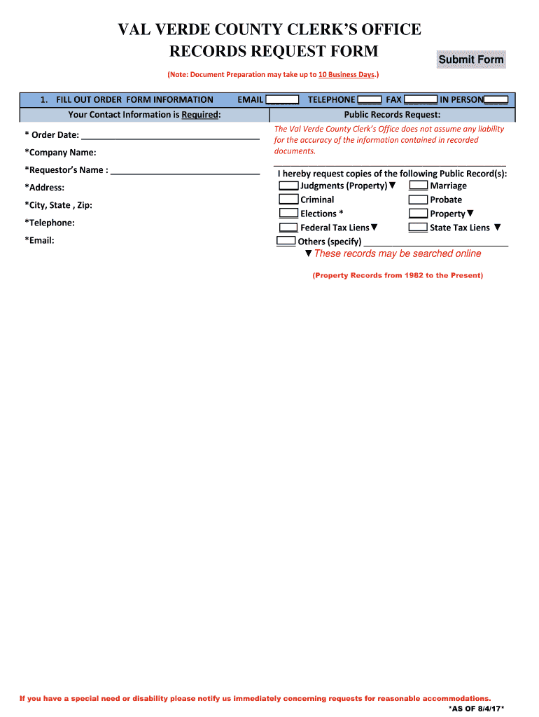 Fillable Online val verde county clerk's office records request form