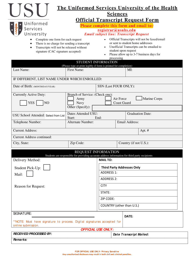 Fillable Online Official Transcript Request Form - Uniformed Services ...