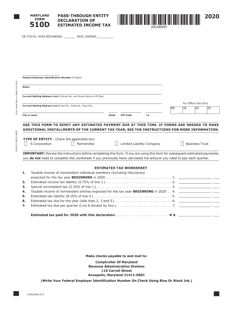 TY-2020-510D PTE ESTIMATED INCOME TAX FORM Preview on Page 1