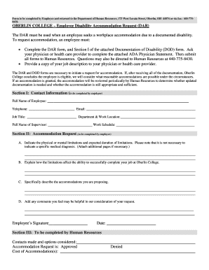 Fillable Online ADA Accommodation Request Form - Oberlin College Fax ...