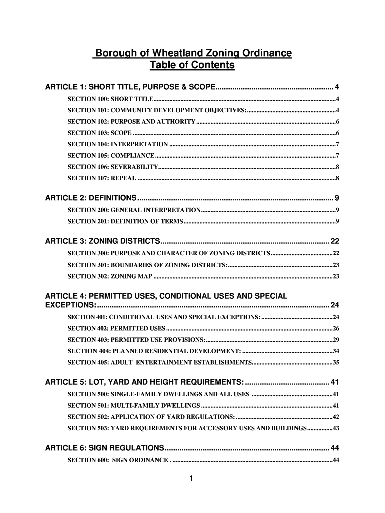 Fillable Online Borough of Wheatland Zoning Ordinance Table of Contents Fax Email Print pdfFiller
