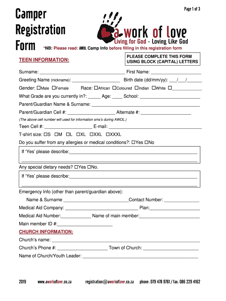 Fillable Online aaPDFAWOL Camper Registration Form Fax Email Print