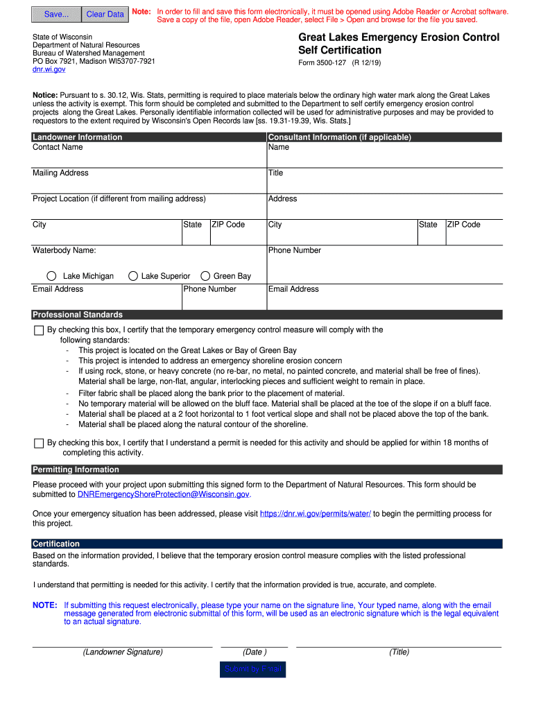 Form 3500-127 Great Lakes Emergency Erosion Control Self Certification Preview on Page 1