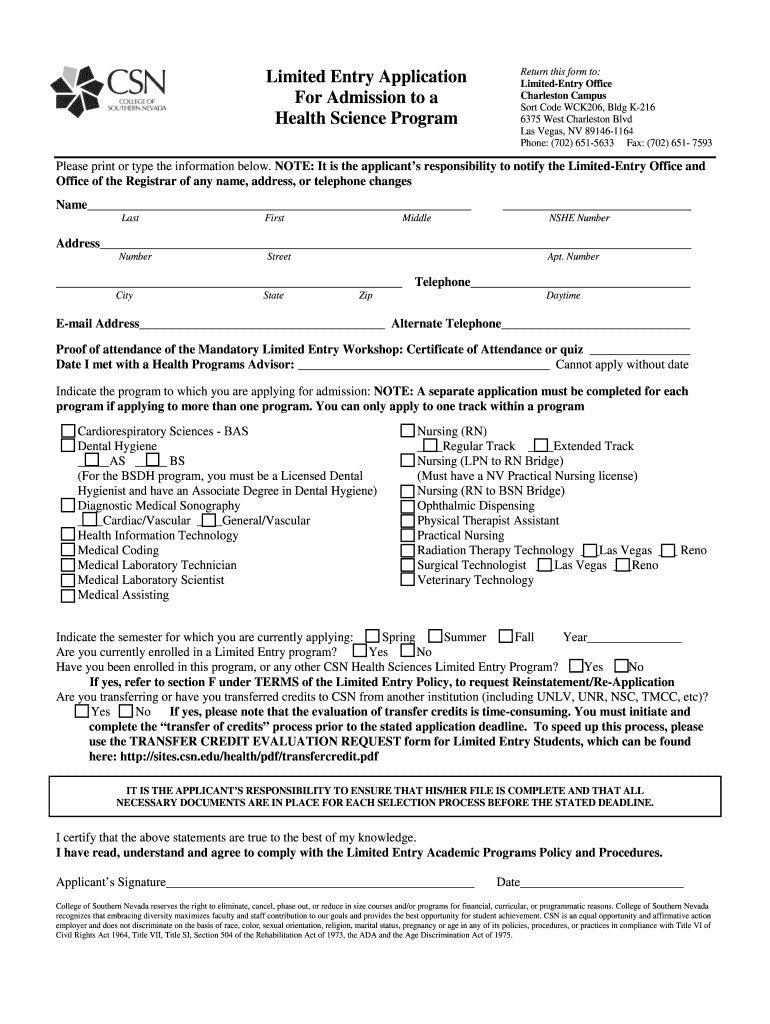 Get the Limited Entry Application For Admission to a Preview on Page 1