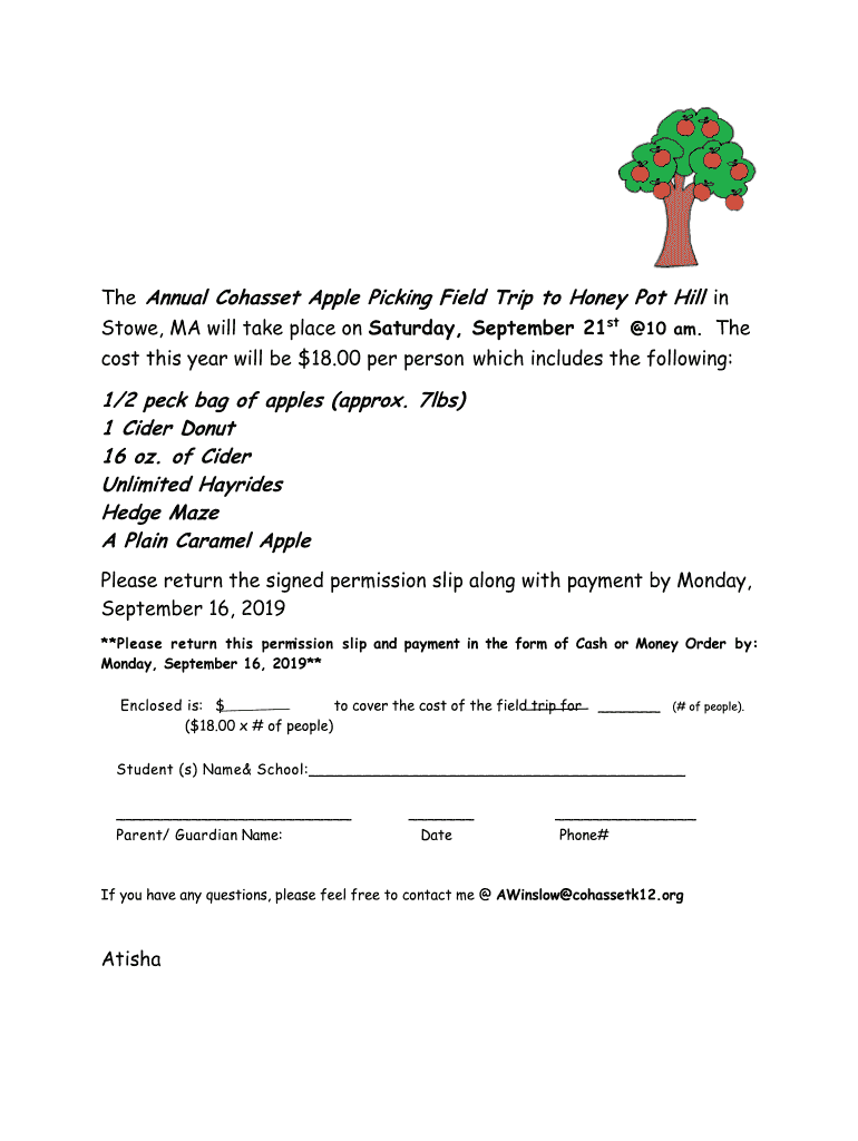 Fillable Online Annual Cohasset Apple Picking Field Trip to Honey Pot ...