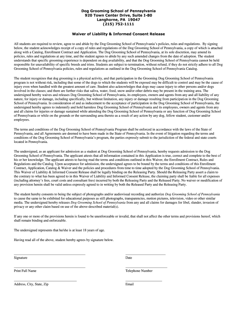 Fillable Online Dog Grooming School of Pennsylvania 920 Town Center