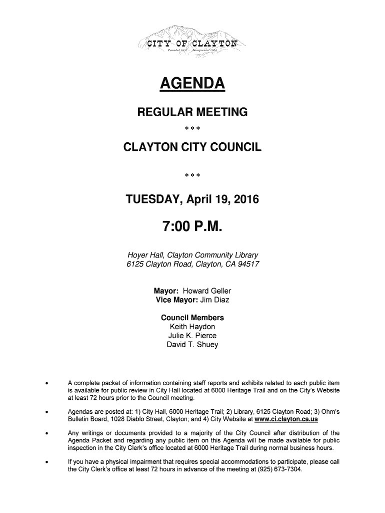 Fillable Online ci clayton ca City Council AgendasCity of Clayton Fax