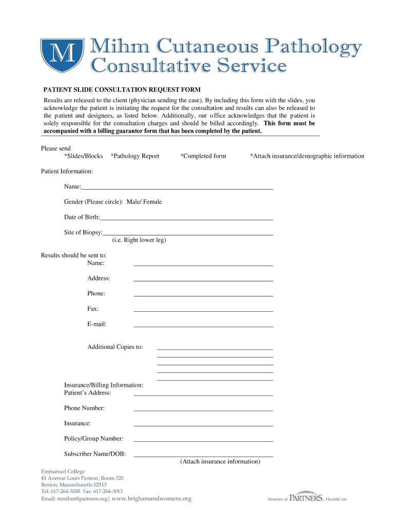 BRIGHAM AND WOMENS HOSPITAL - Patient Slide Consultation Form Preview on Page 1