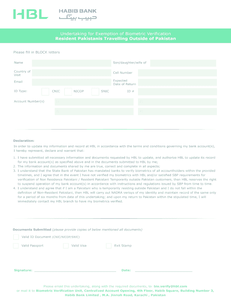 Fillable Online Undertaking for Exemption of Biometric 
