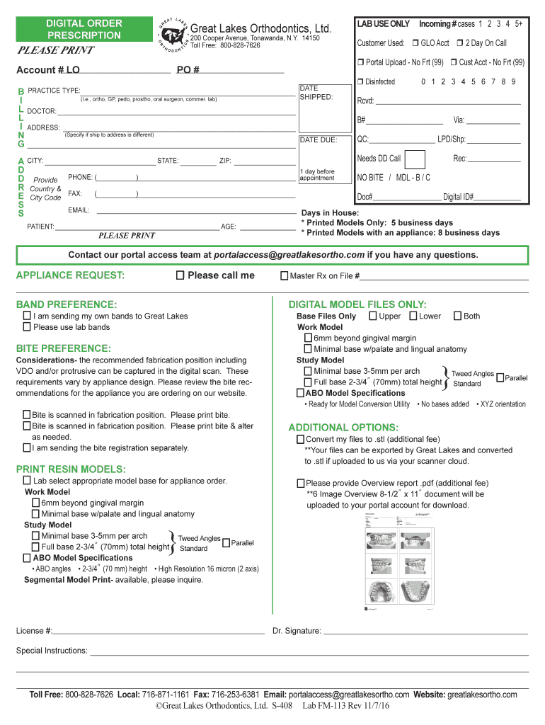 Fillable Online DIGITAL ORDER Great Lakes Orthodontics, Ltd. LAB USE