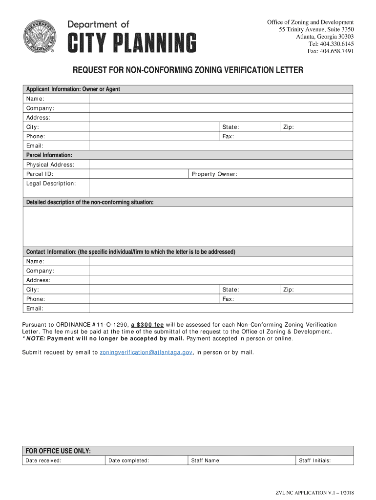 Fillable Online REQUEST FOR ZONING VERIFICATION LETTER Atlanta Fax