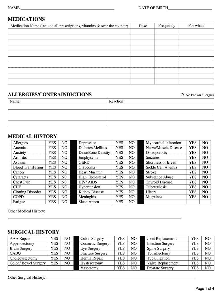 Medical History Form. History Form Preview on Page 1