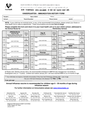 Kindergarten Immunization History Form